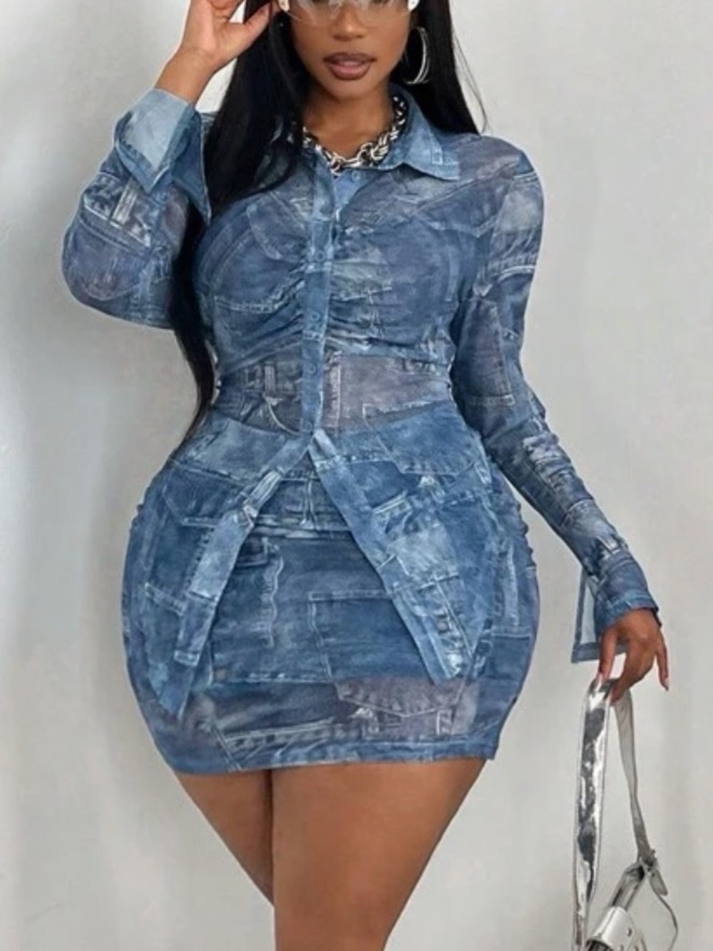 Denim-Effect Blue Bodycon Shirt and skirt set Women
